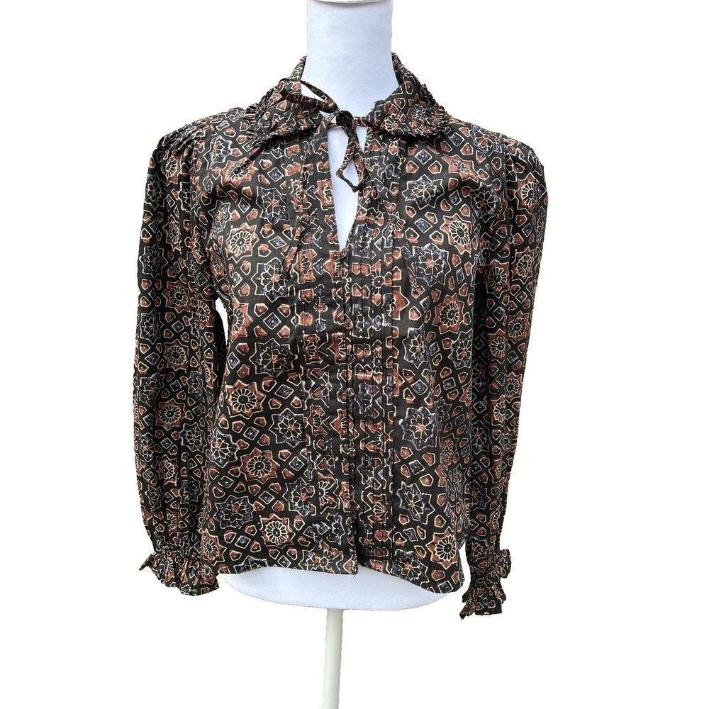 NWOT Walter Baker Cameron Brown Blouse Puff LS Cotton tie neck Batik Style